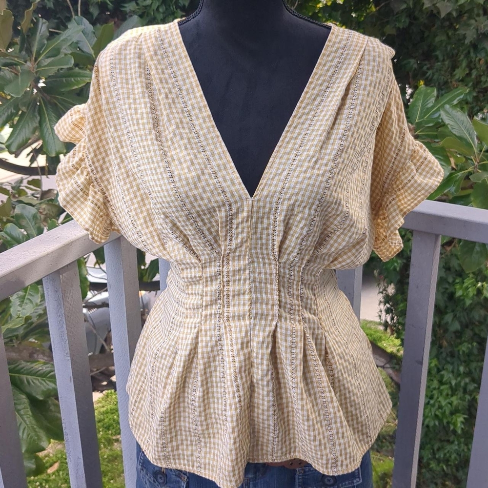 Max Studio Yellow Gingham V-Neck Blouse